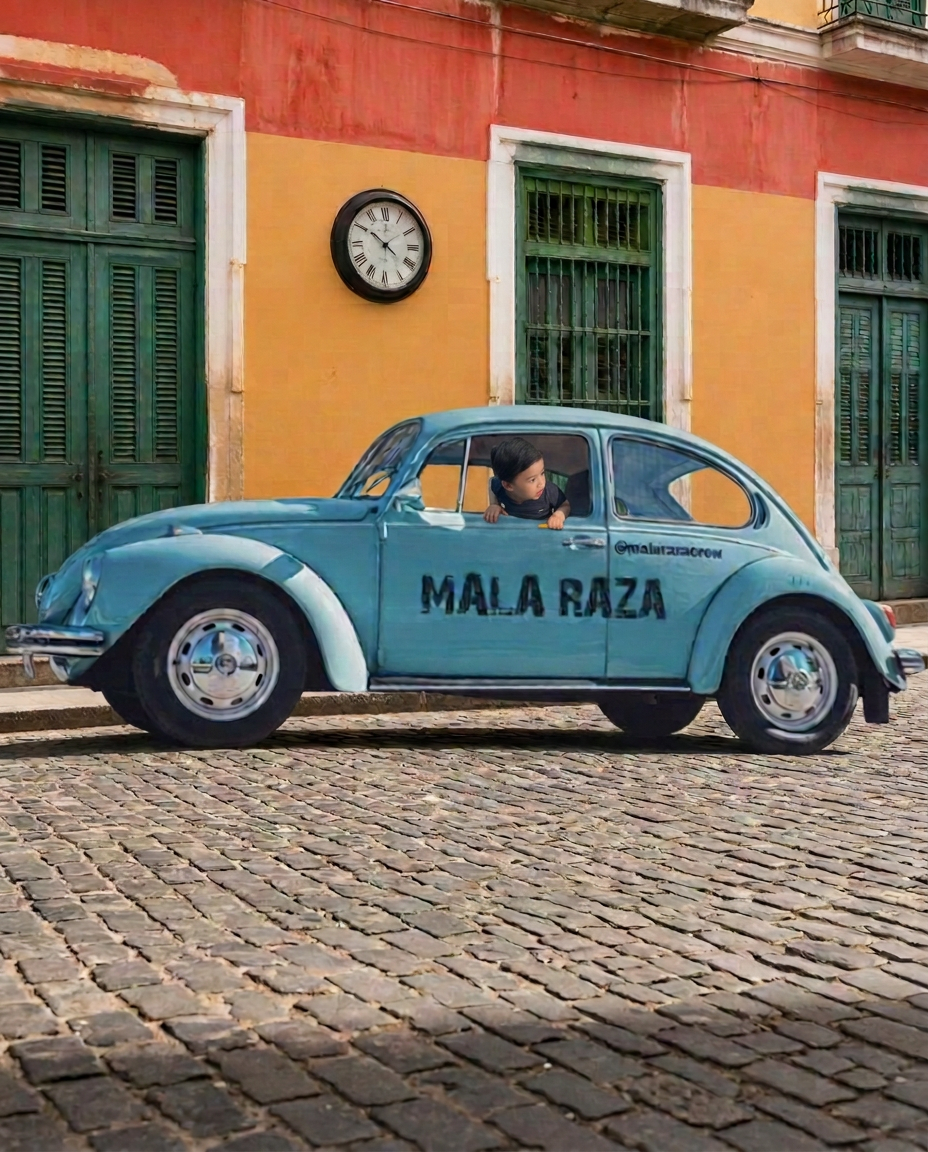 Light blue vintage VW Beetle with MALA RAZA stenciled on the door, a child leaning out the driver's window, parked on a cobblestone Havana street in front of an ochre building with green shutters and a wall clock