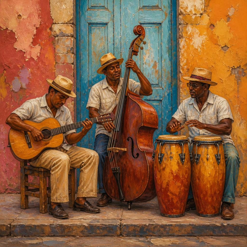 Painterly folk-art painting of Cuban street musicians playing guitar, upright bass and congas against colorful weathered walls