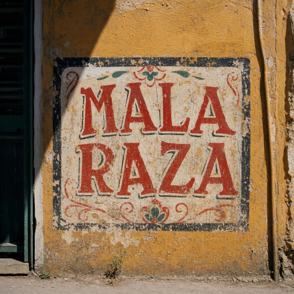 Hand-painted MALA RAZA sign on a weathered wall